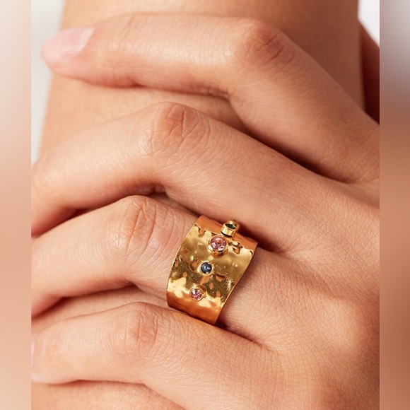 New 18KG FP Cubic Zirconia Rainbow Textured Gold Plated Open Cuff Cocktail Ring - Picture 10 of 15